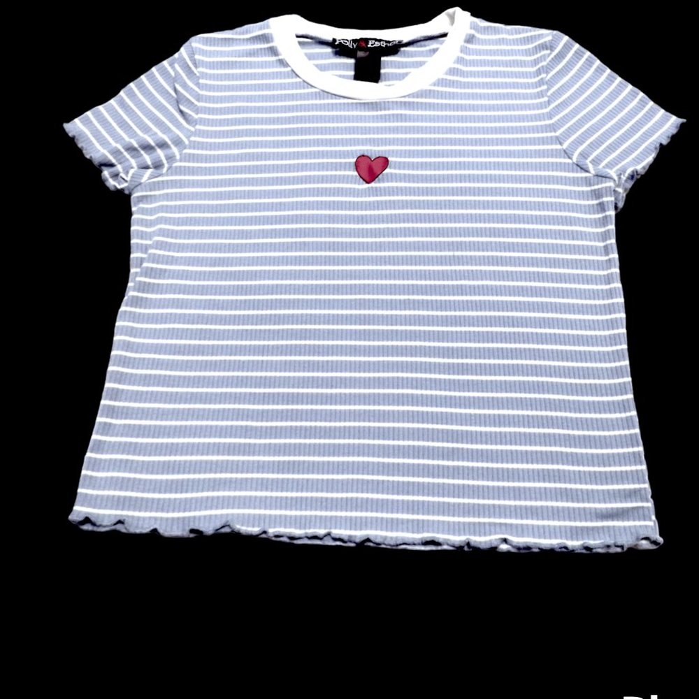 Polly & Esther Blue with white stripes heart in the middle crop top size Large
